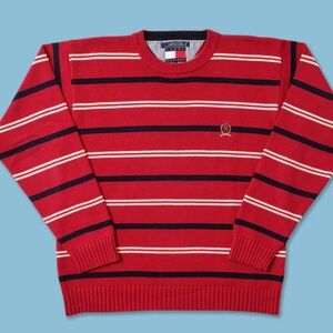 Tommy Hilfiger Red and Navy Striped Crewneck Sweater